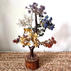 Chakra Gemstone Tree with Wood Base, 7 Varieties of Semi-Precious Stones, 9.5" H